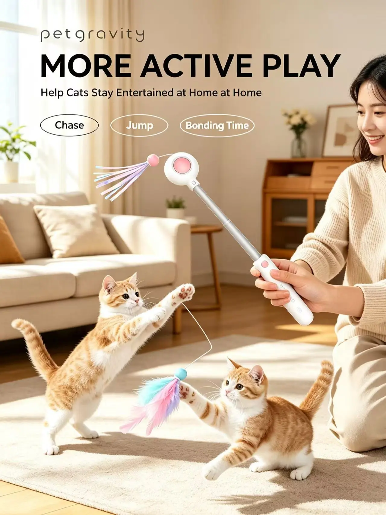 Retractable Cat Toy Wand with Safe Laser Pointer, 2 Replacement Feather & Tassel Attachments, 1-Button Pop-Up Extendable Interactive Kitten Exercise Toy