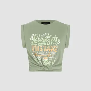 Cider [5 colors, size 0-26] Round Neckline Graphic Knotted Crop Top