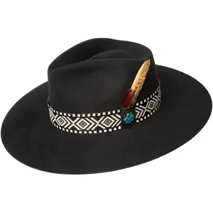 Renegade® Palta Black Wool Felt Hat with 4" Teardrop Crown 3 3/4" Brim Jacquard Band Turquoise Enamel Concho & Gold Feather Fully Lined