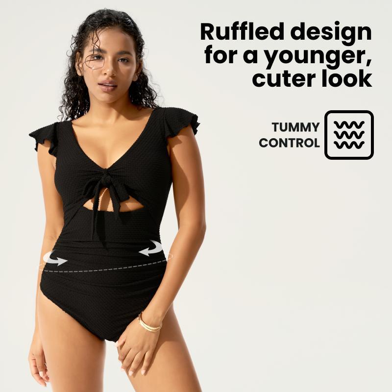 BodyTips Laced Cutout Textured One Piece Swimsuit Lightweight Fit Smooth Fabric Comfortable Swimwear Stylish Design Versatile Beach Pool Outfit Perfect For Vacation Summer Activities Sunbathing Water Sports Casual Swim Look Layered Outfit All Day Wear