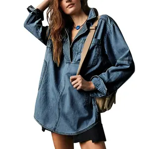 MIDIROSS Women's V-Neck Denim Pullover Shirt MIDIROSS Women's V-Neck Denim Pullover Shirt