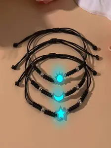 3 Pcs Glow-In-The-Dark Moon Star Bracelets, Simple Fashion Handwoven Gift Wristbands, Perfect for Gifts and Daily Wear