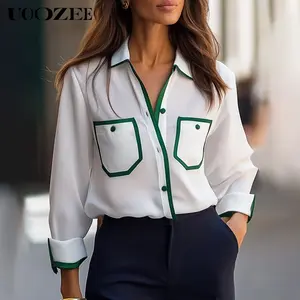 UOOZEE Women's New 2026 Spring Summer White Green Contrast Trim Slight Sheer Shirt Top, Satin Lapel Collar Long Sleeve Loose Fit Button-Down Blouse(pairing It with A Nude or White Camisole for Full Coverage)