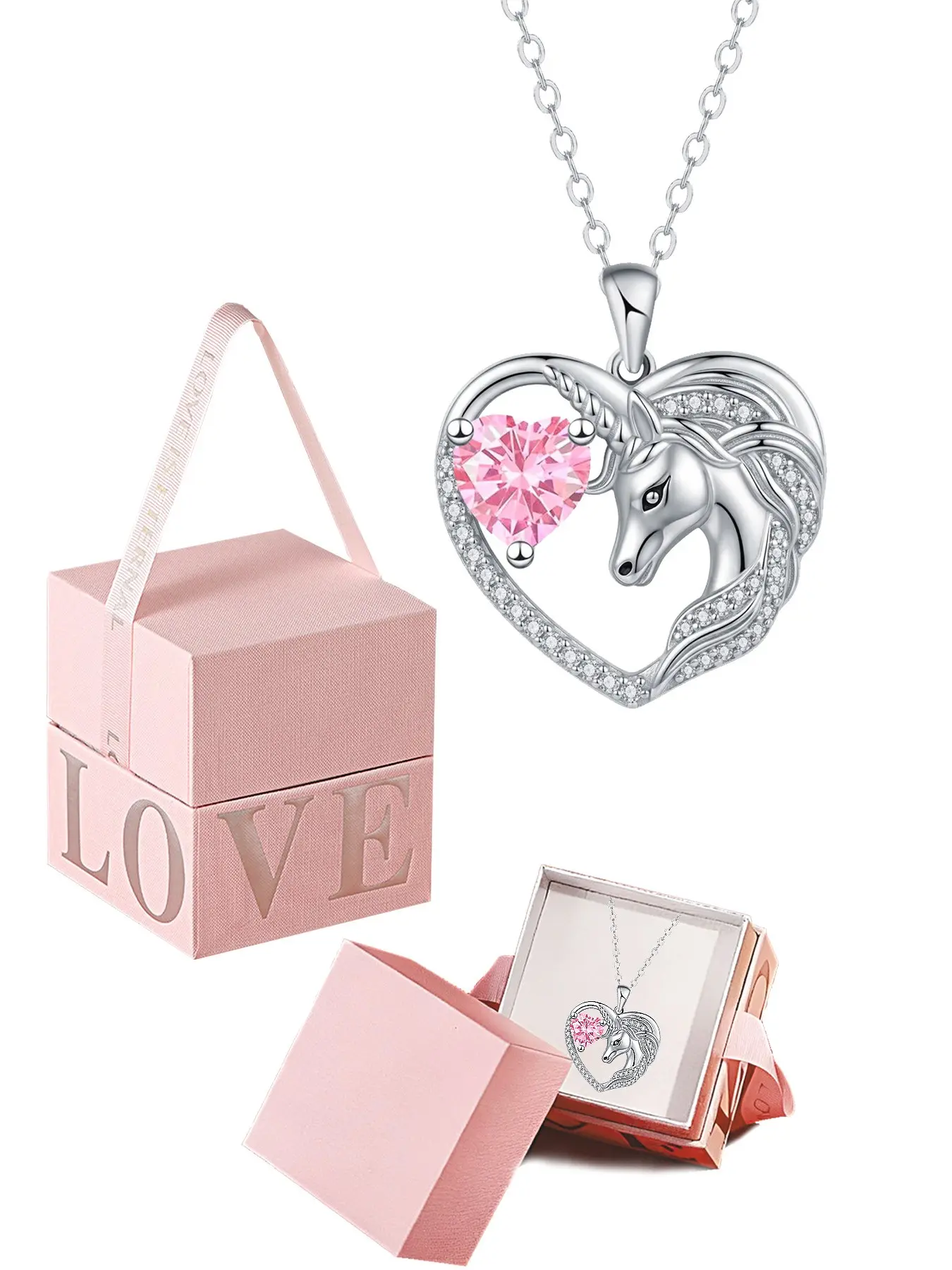 Heart Unicorn Pendant Necklace, Adjustable Collar Chain, Zircon Birthstone, Gift Box Included, Perfect for Valentine's Day, Birthday Gifts