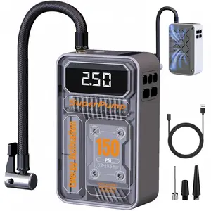 Portable wireless tire inflator with a 5000mAh battery and digital display; suitable for cars, motorcycles, and bicycles, featuring rapid inflation and an emergency power bank function.