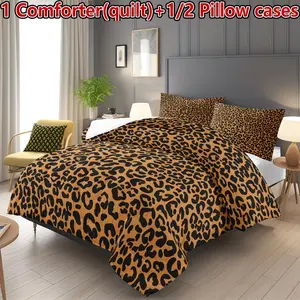 3-piece Fashion Personalized Leopard Print Quilted Comforter Set (1 comforter + 2 pillowcases without inserts), available in multiple sizes including Twin, Full, Queen, and King. Featuring U-shaped quilting, the comforter contains 200gsm filling, offering