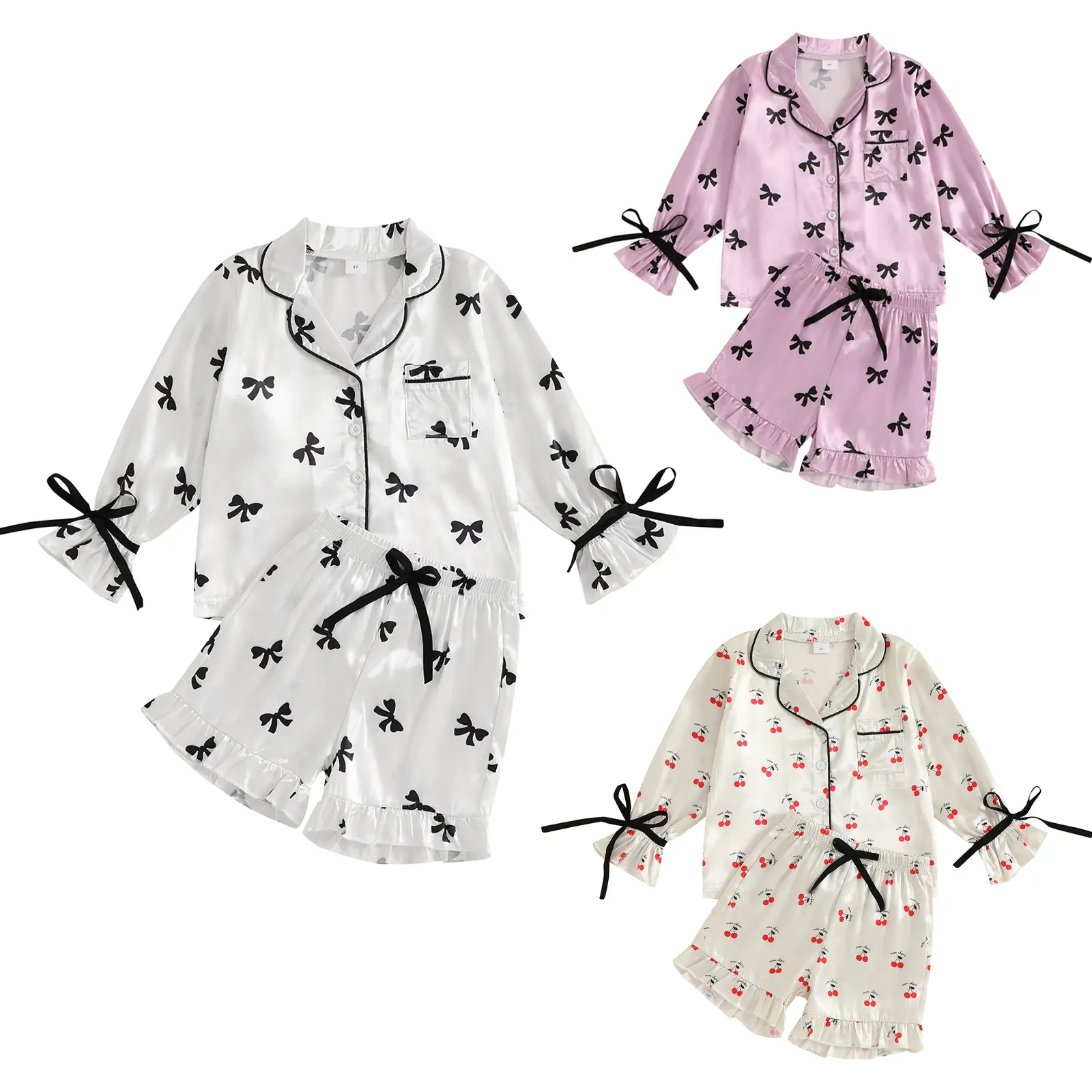 Toddler Girls Two Piece Pajamas Sets Long Sleeve Bow Print Shirt Tops Shorts Pants Kid Silk Stain Sleepwear #Springtok