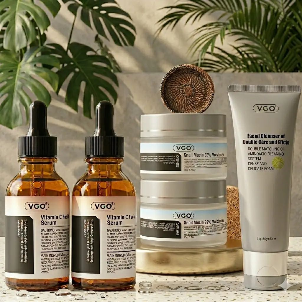 VGO 3-Step Unisex Skincare Set - Gentle Facial Cleanser, Vitamin C Serum, Snail Mucin Moisturizer, Box - Lightweight Daily Care for All Skin Types, 24 Months Shelf Life, Moisture, Bottle