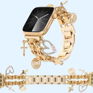 Stylish Gold Metal Chain Wristband for Apple Watch Bands 38mm-49mm with Heart & Mini Charms for Series 1-11 SE Ultra Women Compatible with Various Models