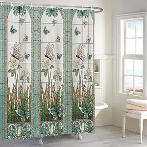 Butterfly & Floral Print Shower Curtain, 1 Count Modern Waterproof Shower Curtain with 12pcs Hooks, Bathroom Decor Accessories, Home Goods, Bathroom Decoration Accessories