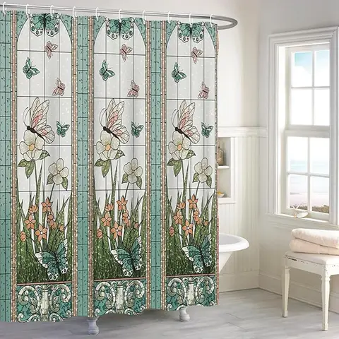 Butterfly & Floral Print Decorative Shower Curtain, 1 Count Modern Waterproof Shower Curtain with 12pcs Hooks, Bathroom Decor Accessories, Home Goods, Bathroom Decoration Accessories, Bathroom Accessory, Restroom