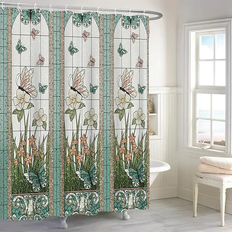 Butterfly & Floral Print Decorative Shower Curtain, 1 Count Modern Waterproof Shower Curtain with 12pcs Hooks, Bathroom Decor Accessories, Home Goods, Bathroom Decoration Accessories, Bathroom Accessory, Restroom