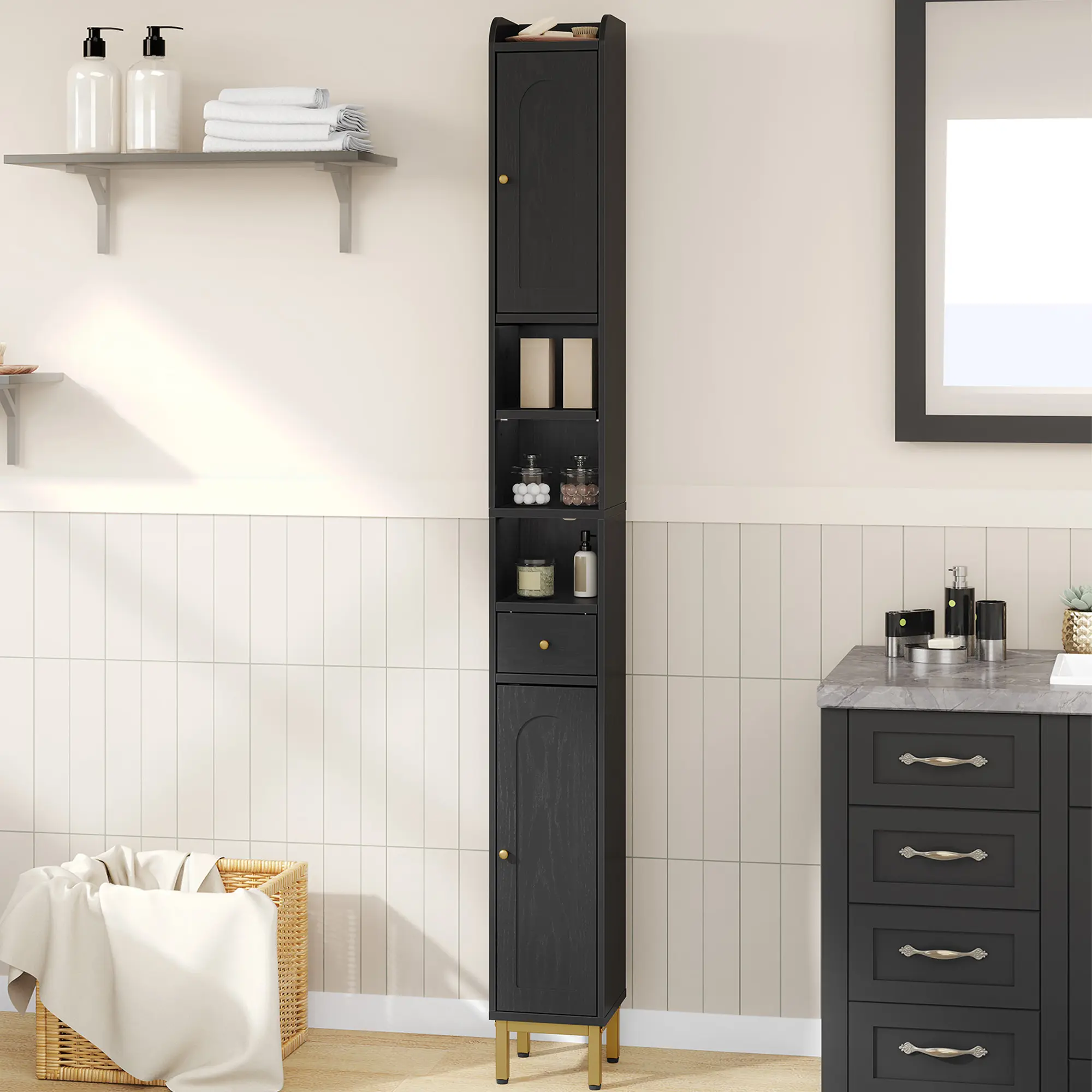 Hzuaneri Bathroom Cabinet with Adjustable Shelves, Freestanding Floor Cabinet, Tall Black Bathroom Storage Cabinet, Narrow Toilet Paper Storage