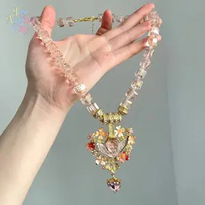 Sweet Angel Pendant Necklace with Pink Beaded Chain, Dreamy Cupid Heart Charm, Elegant & Romantic Choker for Women