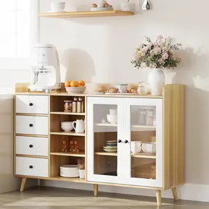 Gaomon Natural Wood Buffet Cabinet - Home Storage Organizer with Adjustable Shelves, 2 Glass Doors & Display Function for Living Room, Dining Room