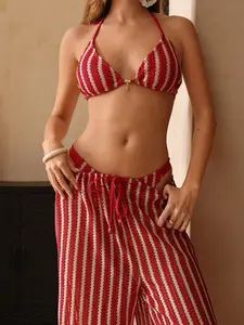 Women's Fashion Spaghetti Strap Swimsuit Three-Piece Set, Drawstring Bikini Set, Stylish Swimwear for Beach and Pool, Comfortable and Elegant Bathing Suit