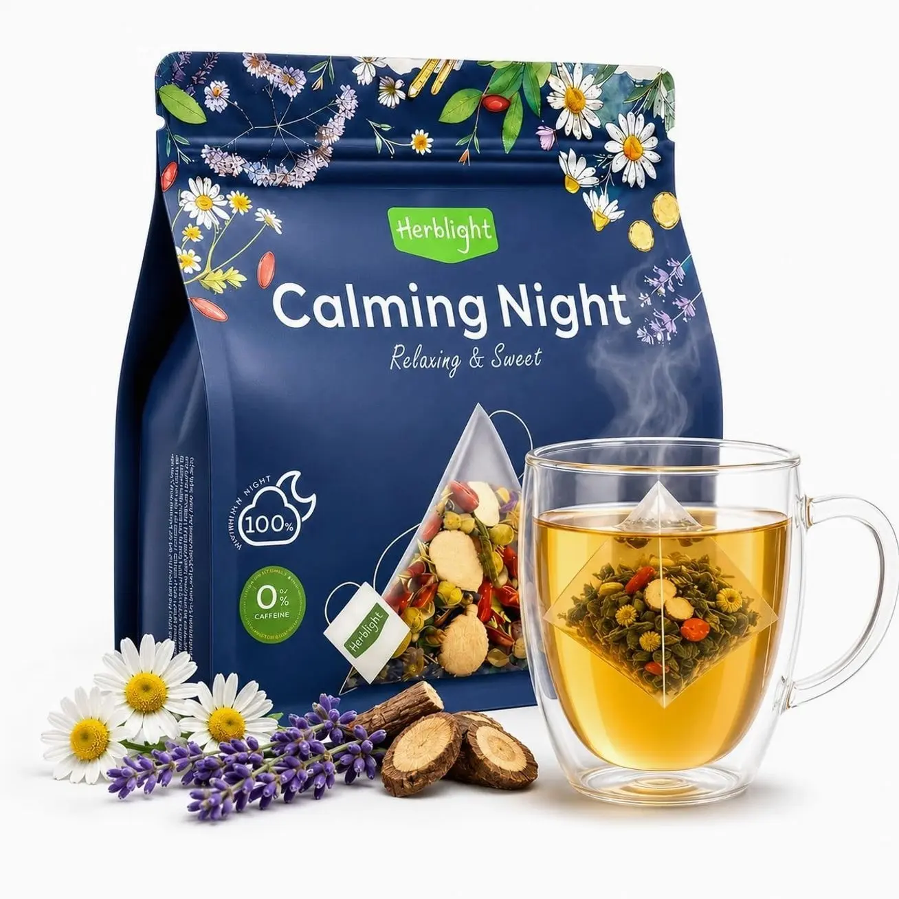 Herblight Sleep Tea with Valerian Root & Ashwagandha, Caffeine Free Bedtime Tea, Night Time Tea for Sleeping, Cortisol Calm Herbal Tea, Whole Leaf Pyramid Tea Bags, 25 Count