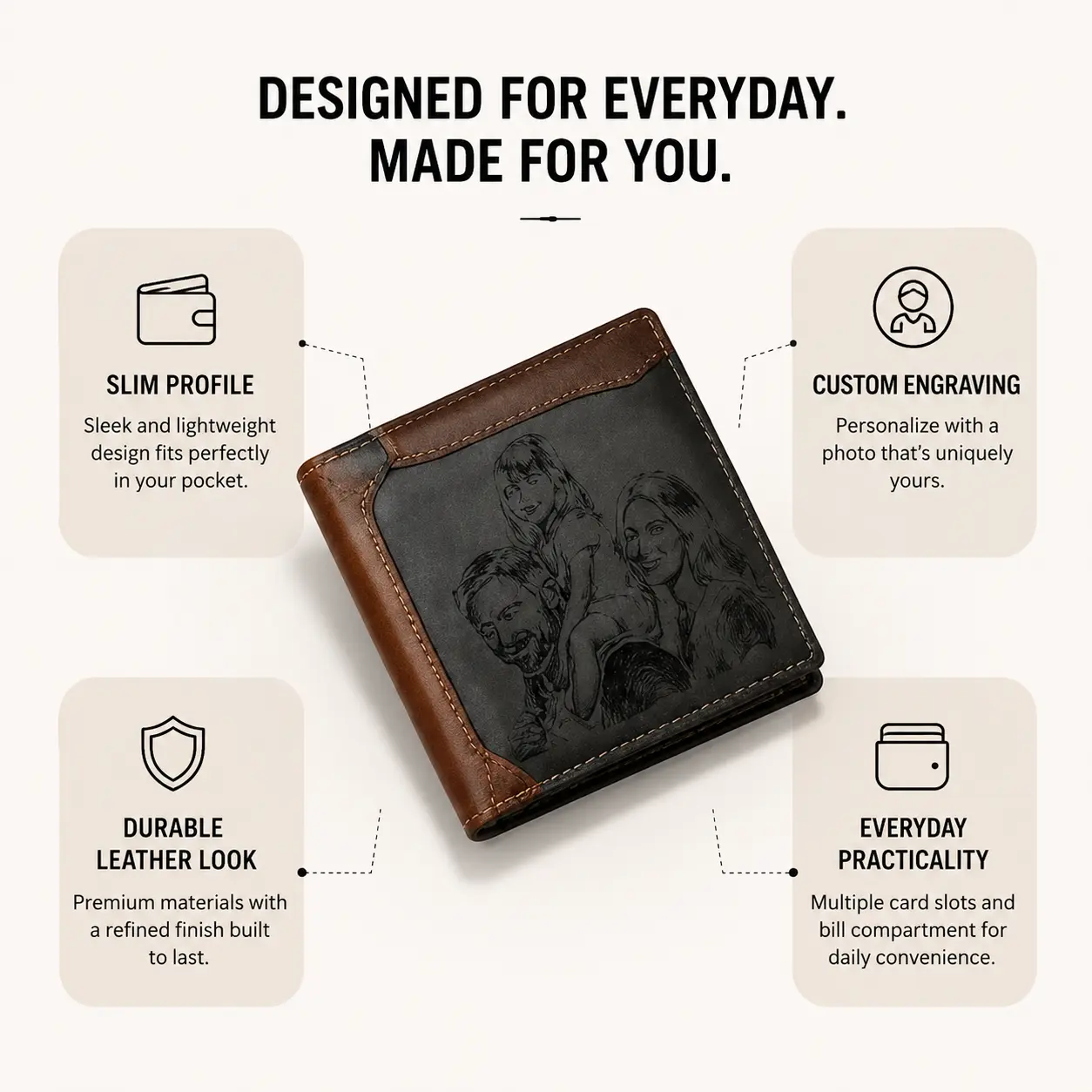 Custom Engraved Photo Wallet Personalized Bifold Wallet for Men Brown Black Leather Look | Gift for Dad Husband Boyfriend