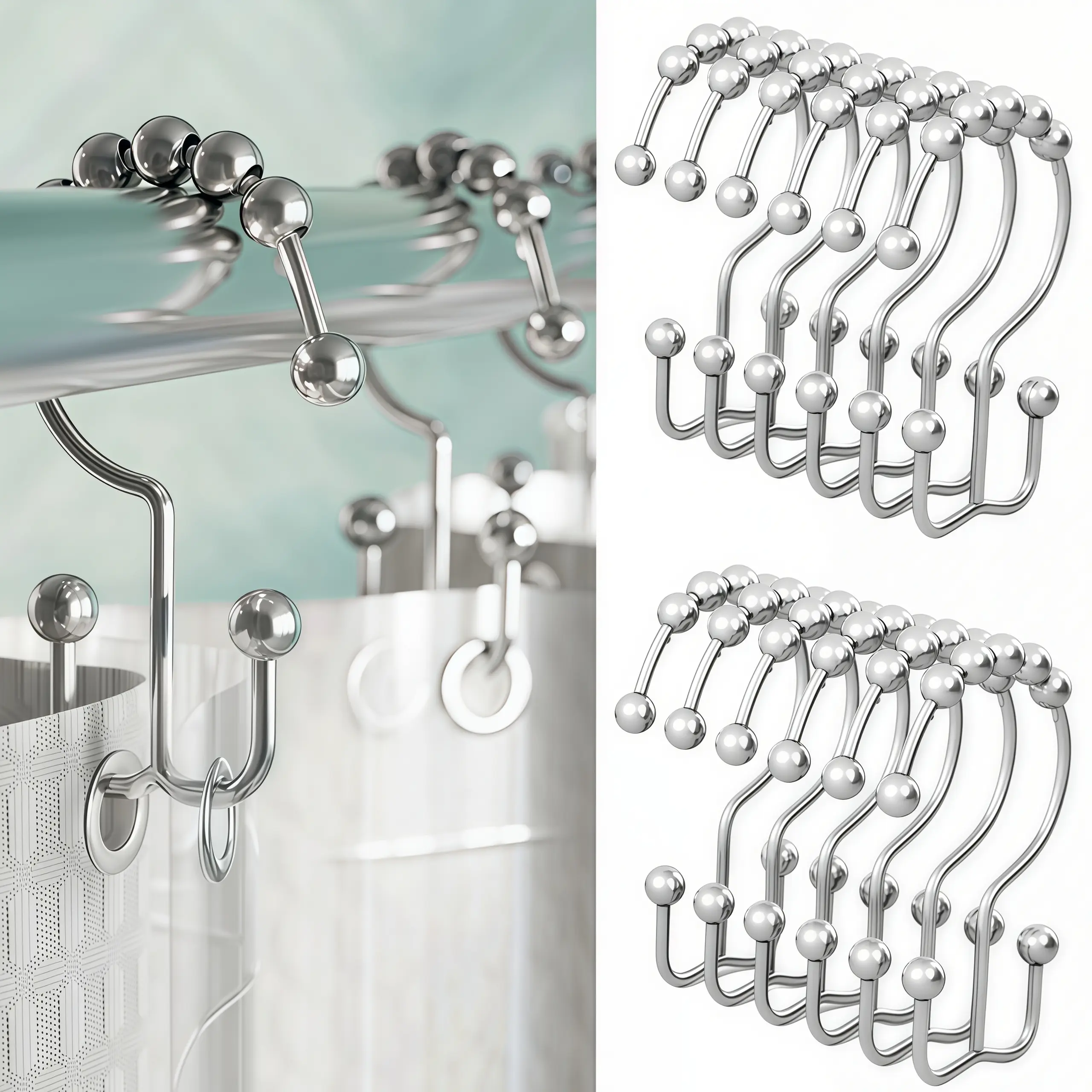 LMMAKE 12PCS Thick Silvery Polished Metal Shower Curtain Hooks Pack, Heavy-Duty 304 Stainless Steel Rings with Double Glide Tech, Rust-Proof for Residential Bathrooms, Long-Term Commercial Use (with Card Positions)