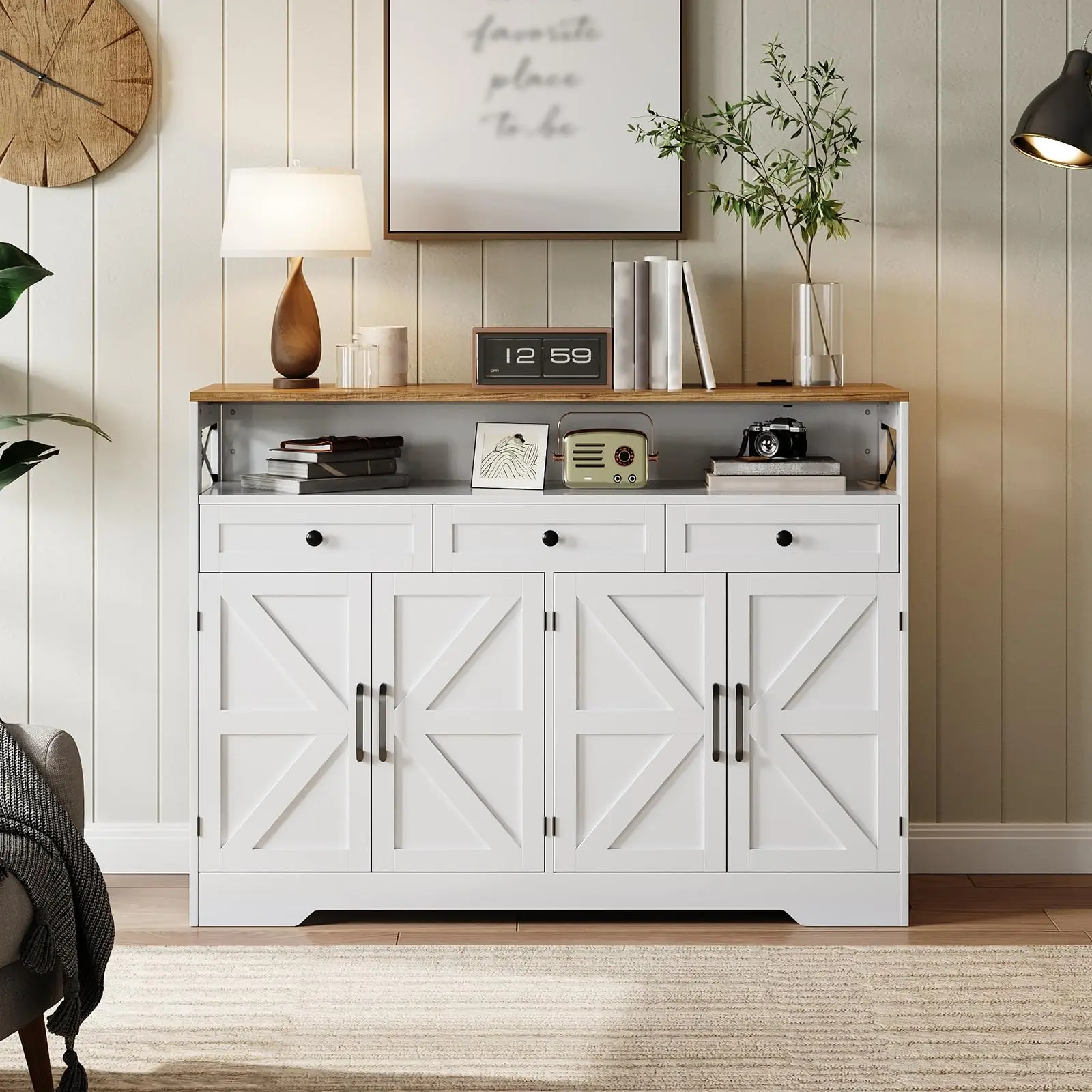 Garvee 51" Farmhouse Buffet Sideboard Cabinet with 4 Doors, 3 Drawers, Open Shelf & Adjustable Shelves, Kitchen Storage Pantry Cabinet with Power Outlets Kitchen, Dining Room, Living Room, White