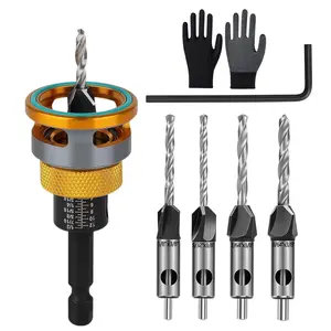 4Pcs Countersink Drill Bit Set with Depth Stop , HCS Four Blades Wood Countersink Bits with Adjustable Depth Stop, L Shape Wrench and Glove for Wood, Plastic, Woodworking - Home Improvement.