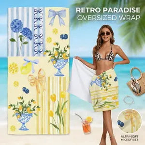Microfiber Beach Towels Blue Hydrangeas Yellow Tulips with Bows Watercolor Art Style Sand Free Quick Dry Lightweight Beach Pool Cruise Travel Essentials French Country Coquette Floral Swim Towel