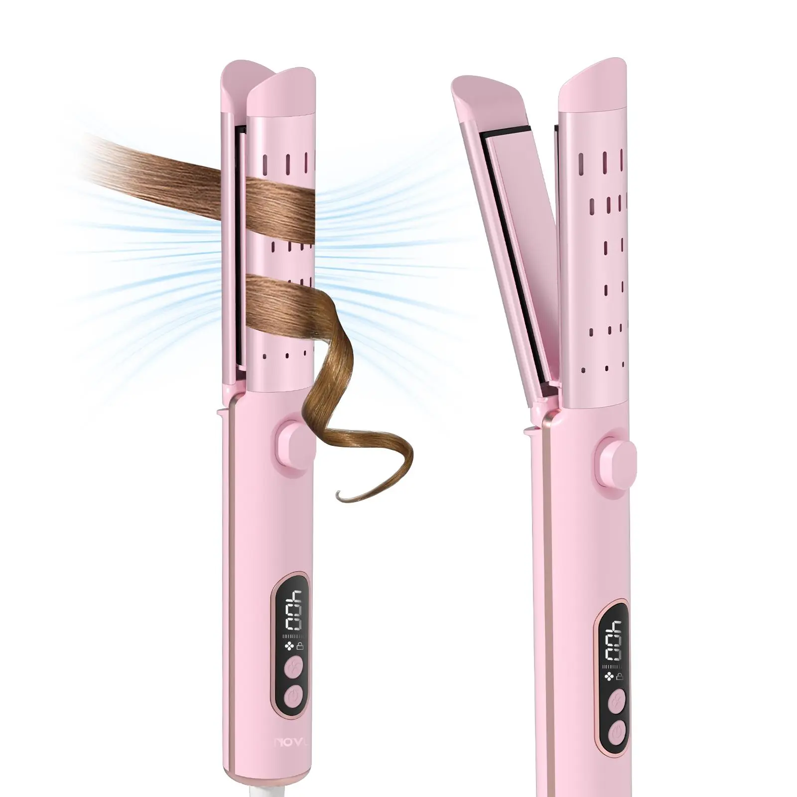 NOVUS 1.25 inch Airflow  2n1 Curling Iron, Anti-Scald Ceramic Flat Iron Hair Straightener and Curler with 360° Cool Air, 4 Temps & Auto Shutdown, for Long Short Hair Pink