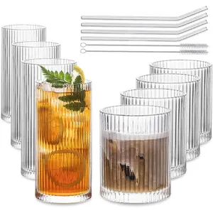 Set of 8  Glassware - 4 Highball Glasses 12 oz, 4 Rocks Glass Cups 14 oz, Ribbed Glassware  Glasses, Ideal for , Juice, Water, Ice Coffee Cup, , Mixed Drinkware