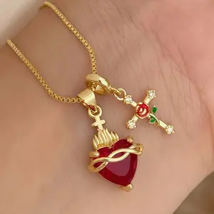 Gold Red Enamel Sacred Heart & Cross Rose Charm Necklace, Romantic Love Jewelry (Gold&Red), Charm Jewelry Necklaces, Cross Motif Necklaces