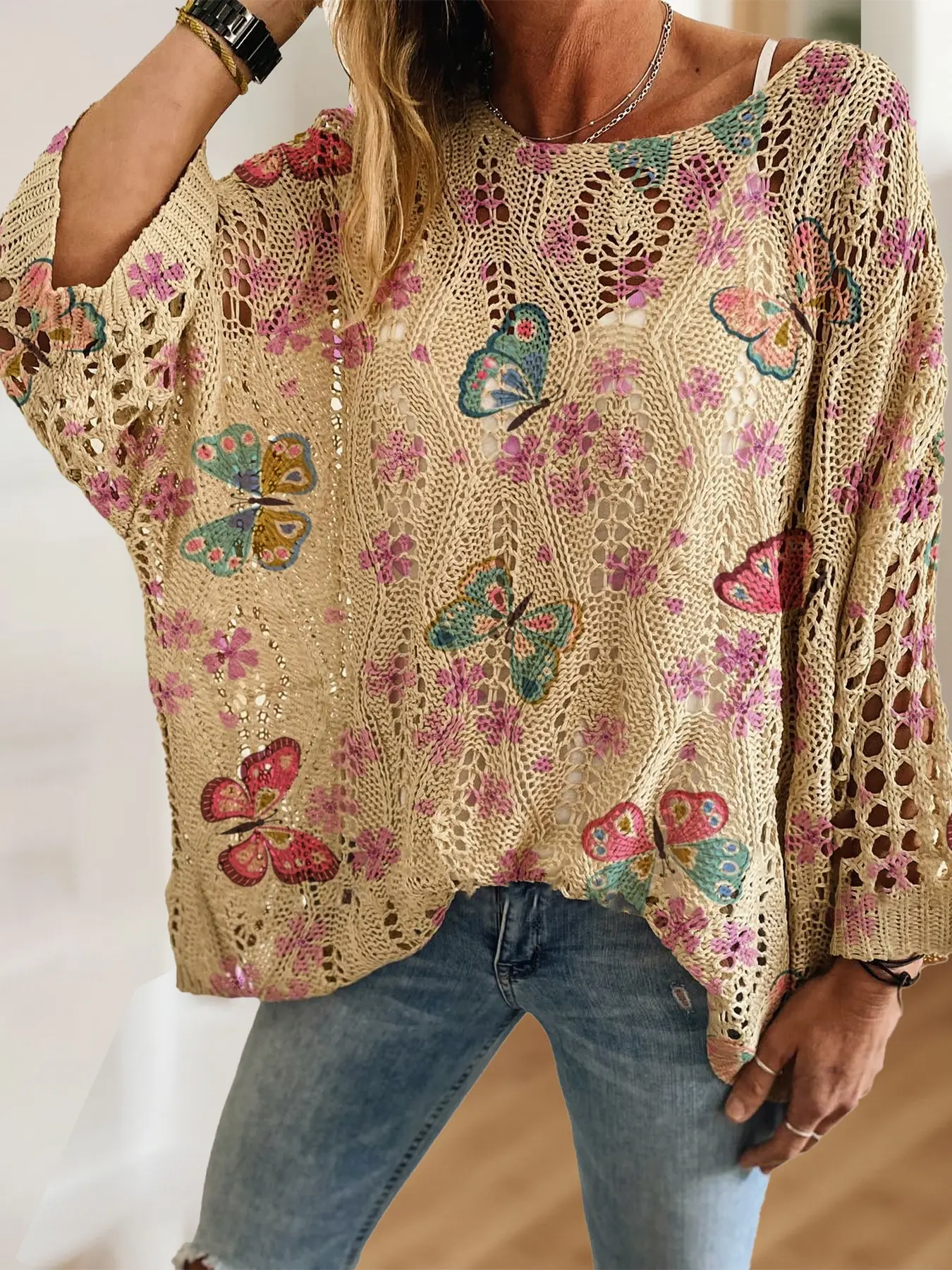 Women's Boho Colorblock Animal Butterfly Floral Print Batwing Long Sleeve Knit Top, Casual Elegant Bohemian Chic Vacation Style Knitwear Sweater, Womenswear