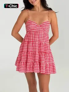 Women's plaid camisole backless strap dress - casual daily - suitable for summer