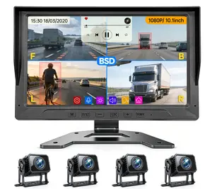 ConewVehicle Truck Backup Camera System with 10.1inch Monitor for RV Bus Trailer Campe with 4 Rear/Side View 1080P HD Cameras 4 Splits Screen DVR Recording IP69 Waterproof MP5 Music Video Player BSD Avoid Blind