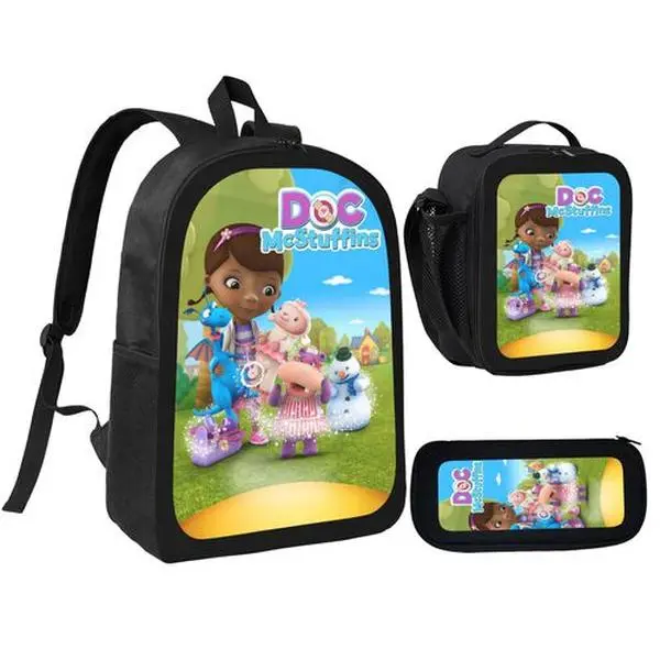 McStuffins Kids 3-Piece High-Capacity Cartoon Print School Backpack Travel Set with Lunch Box and Pencil Case
