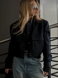 Women's Vintage Bomber Jacket, Fitted, Multi-Color Button Front, Ribbed Collar, Layered Outerwear, Street Style, Casual, Fall & Winter Fashion