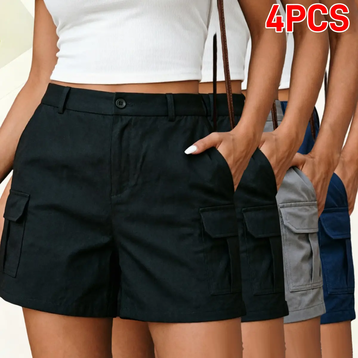 Women's 4-Pack Vintage Pleated Shorts, High-Waisted Loose Fit Quick-Dry Polyester with Cargo Pockets for Casual Wear, Black + Black + Gray + Blue, Retro Look, Button