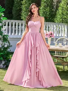 Elegant Women's Backless Ruched Waist Chiffon Dress, Irregular Hem Bridesmaid Gown, Pure Color Flounce Skirt, Party Wear