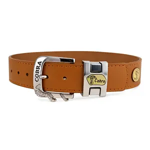 Men's Brown Leather Belt Silver Buckle Gold Accent Logo Detail Adjustable Waist