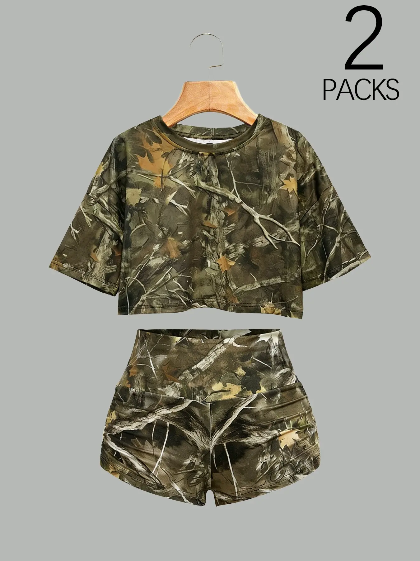 Women's Camo Comfortable Home Set, Fashion Retro Casual Camouflage Style, Suitable for Daily Fitness, Running, Yoga, Hiking, Vacation, Beach, Quick-Dry Breathable Short Sleeve + Shorts Cropped Top