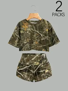 Women's Camo Comfortable Home Set, Fashion Retro Style, Suitable for Daily Fitness, Running, Yoga, Hiking, Vacation, Beach, Quick-Dry Breathable Short Sleeve + Shorts Cropped Top