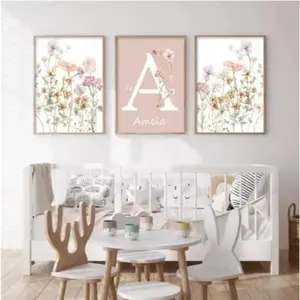 3pcs Frameless Wildflower Girl Name Custom Poster, Bohemian Flower Baby Bedroom Wall Canvas Painting, Nursery Room Wall Decor