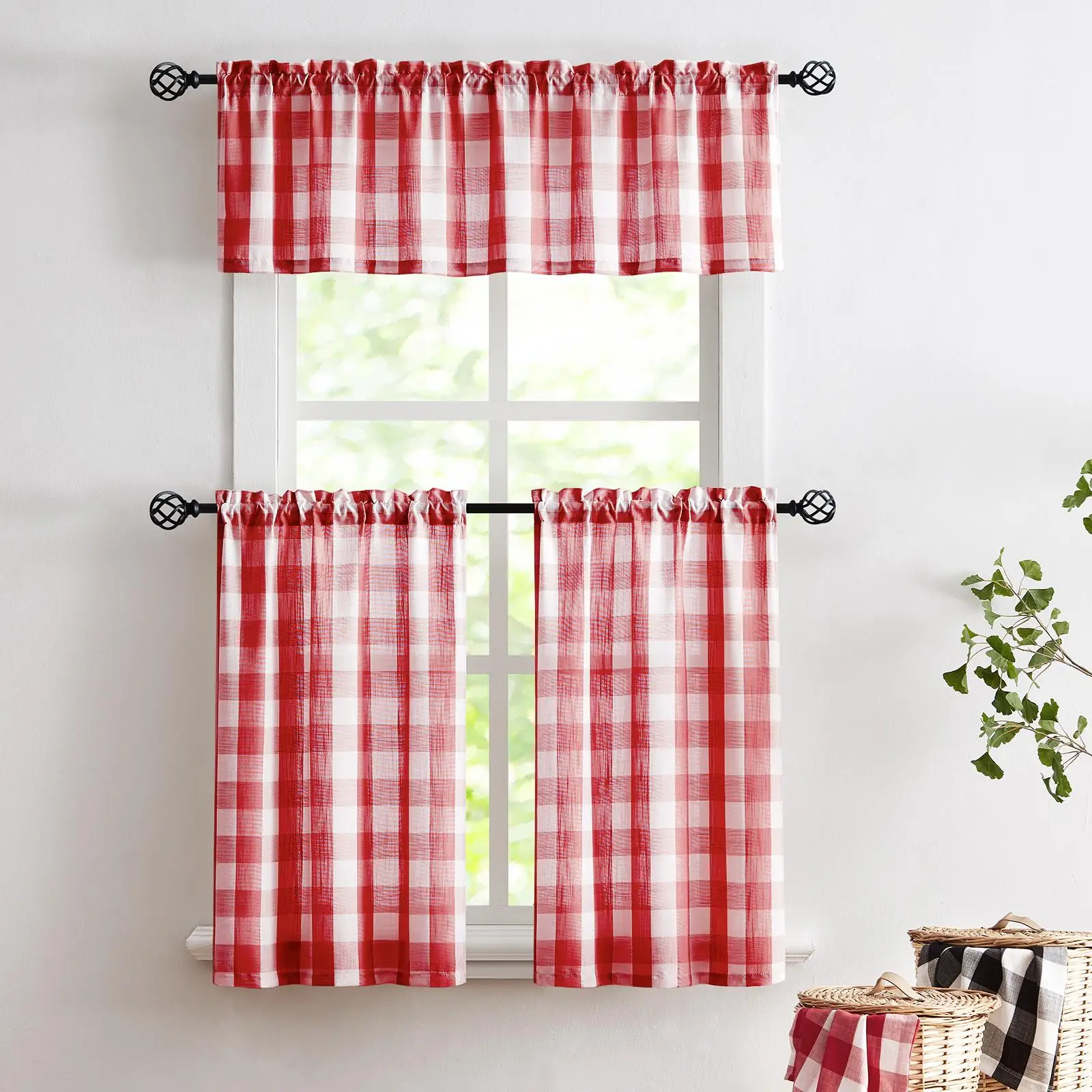 Plaid Print Blackout Kitchen Window Curtain, Blackout Drape with Tiers and Valance Lined, Thermal Blackout Drape Window Treatment Set