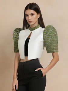 filipinian bolero blazer Modern Filipiniana Ladies' Spring/Summer Retro Printed Stand Up Collar Bubble Sleeves Short Sleeve Contrast Splicing Short Cardigan Bolero Filipiniana For Women