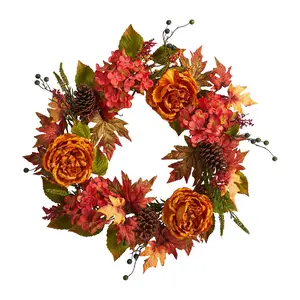 Nearly Natural 25" Fall Ranunculus, Hydrangea &Berries Wreath