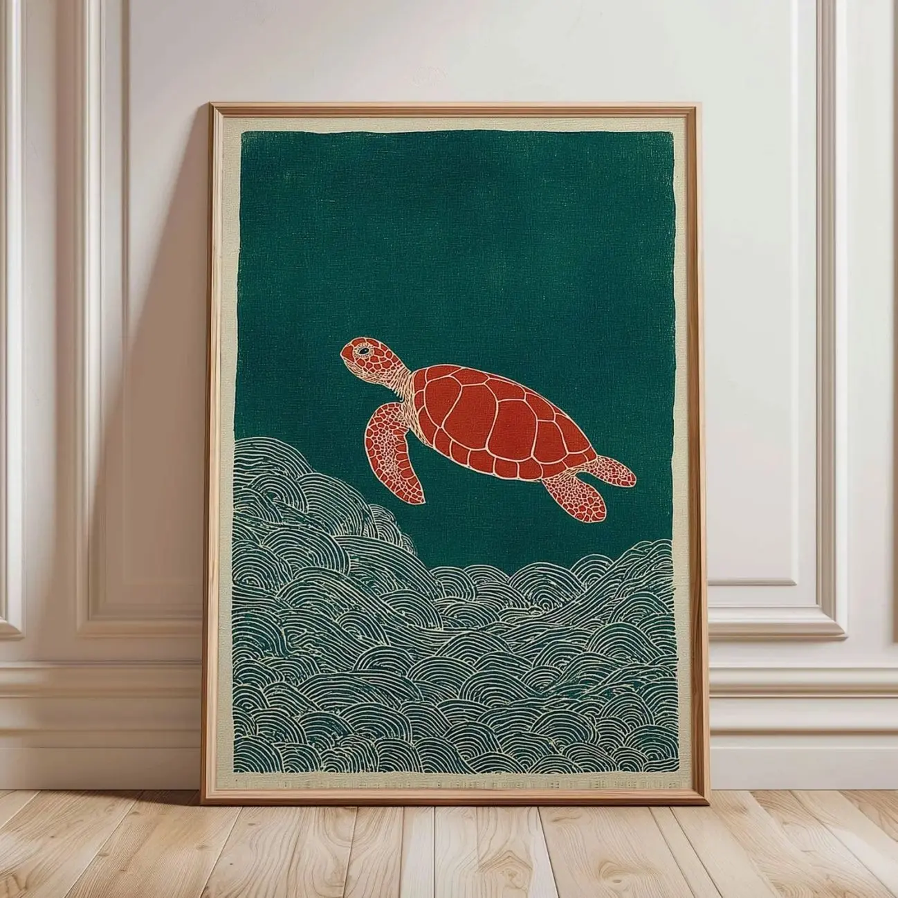 Red Sea Turtle Wall Art Japanese Style Ocean Poster Coastal Marine Decor Print J