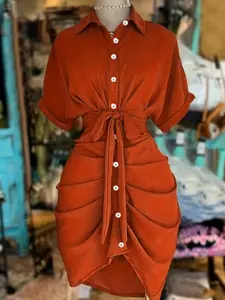 Women's Lapel Single-Breasted Belted Waist Short Sleeve Shirt Dress, Summer Fashion Casual Basic Wear, Stylish Women's Clothing, Womenswear, Casual Elegant Dresses