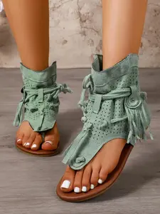 New Vintage Fringe Sandals for Women, Textile Upper Hollow Out Breathable Flat Heel Short Boots, Ethnic Style Casual Beach Shoes Summer Sandal, Open Toe, Soft, Lifestyle, Adjustable, Essential, Ankle Strap