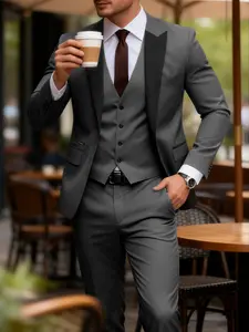 Men's Classic Single-Buckle Suit Set, Fashionable Lapel Design Jacket & Slim Fit Pants, Wedding Formal Wear, Party Tz27 Dark