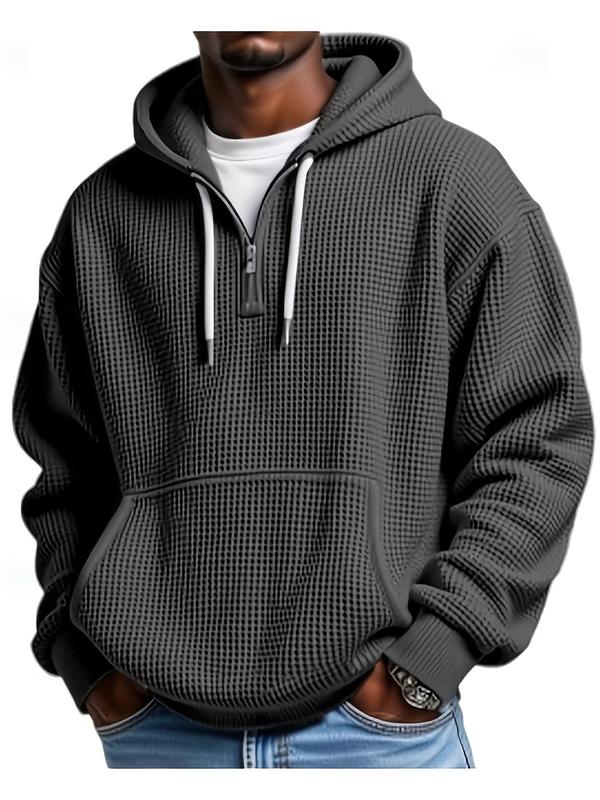 Men's Waffle Knit Long Sleeve Hooded Sweatshirt | Solid Color, Double Hood Design, Semi-Zip, Casual Style, Suitable for Holiday Parties and Daily Wear, Loose Fit, Slightly Elastic Fabric