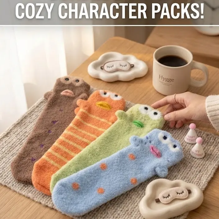 4-Pack Women's Cute 3D Character Fuzzy Socks, Ultra Soft Seamless Knit for Winter Lounge & Bed, Cozy Slip-On Style That Fits US 5-10, Thick
