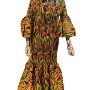 African Ankara Long Smoked Fish Tail Dress with Scarf in Free Size - Colorful Traditional Print Fashion Casual Summer Womenswear